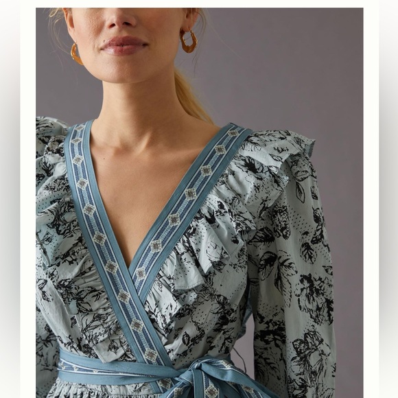 NWOT Anthropologie Ruffle Wrap Dress Blue Motif with pockets
Size Small Petite - Picture 4 of 9